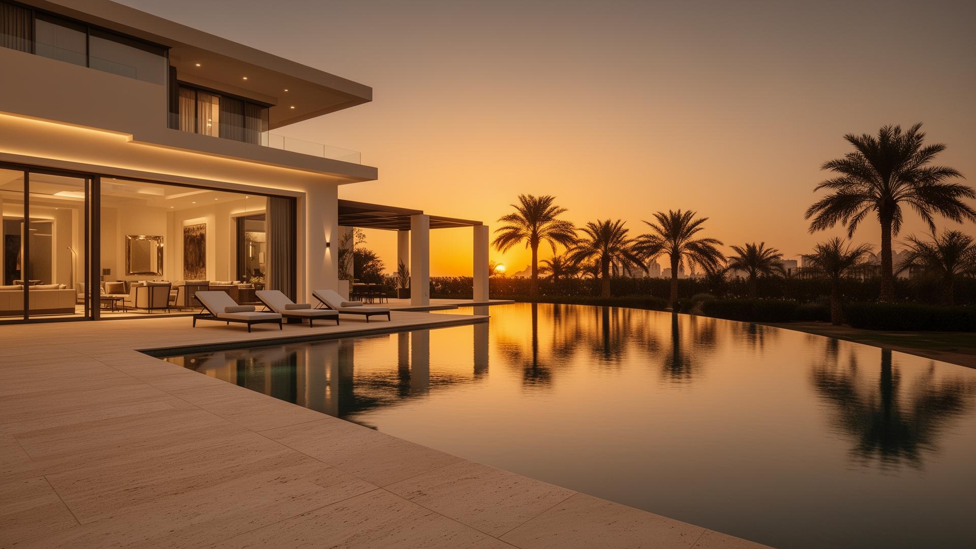 Luxury Dubai villa infinity pool at dusk with travertine deck